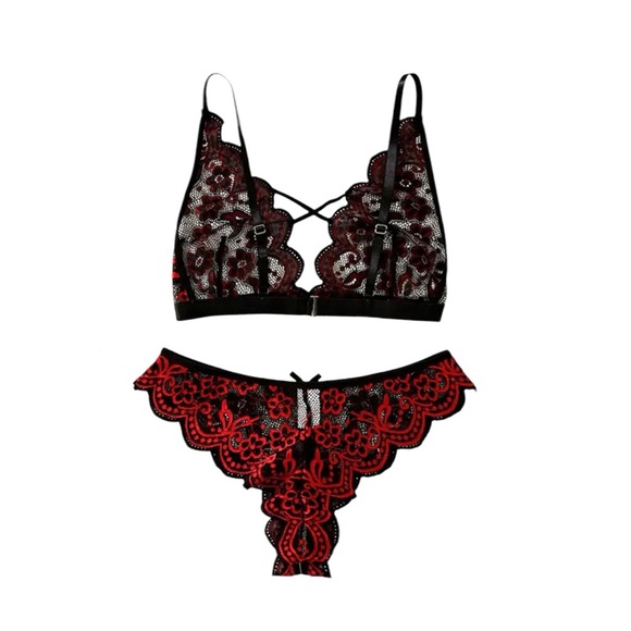 Sexy Red & Black Lace Bra & Panties Set Size Large NEW - Picture 2 of 7
